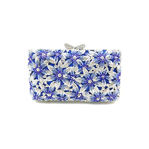 Tngan Women Elegant Floral Evening Bag Hollow Out Rhinestone Crystal Clutch Wedding Party Banquet Bridal Handbag, Blue