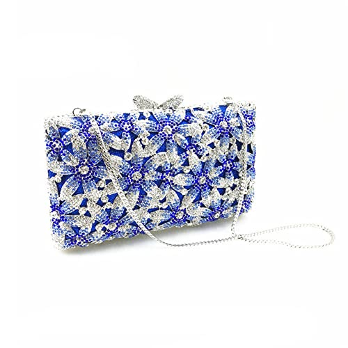 Tngan Women Elegant Floral Evening Bag Hollow Out Rhinestone Crystal Clutch Wedding Party Banquet Bridal Handbag, Blue