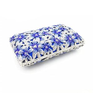 Tngan Women Elegant Floral Evening Bag Hollow Out Rhinestone Crystal Clutch Wedding Party Banquet Bridal Handbag, Blue