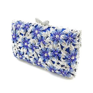 Tngan Women Elegant Floral Evening Bag Hollow Out Rhinestone Crystal Clutch Wedding Party Banquet Bridal Handbag, Blue