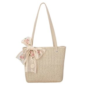 women straw summer beach bag, retro women woven lace ribbon shoulder bag casual tote handbags (beige)