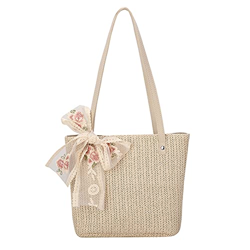 Women Straw Summer Beach Bag, Retro Women Woven Lace Ribbon Shoulder Bag Casual Tote Handbags (Beige)