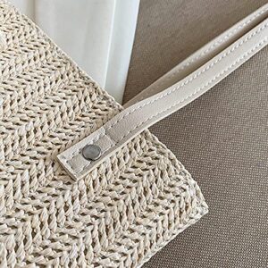 Women Straw Summer Beach Bag, Retro Women Woven Lace Ribbon Shoulder Bag Casual Tote Handbags (Beige)