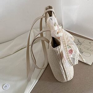 Women Straw Summer Beach Bag, Retro Women Woven Lace Ribbon Shoulder Bag Casual Tote Handbags (Beige)