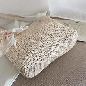 Women Straw Summer Beach Bag, Retro Women Woven Lace Ribbon Shoulder Bag Casual Tote Handbags (Beige)