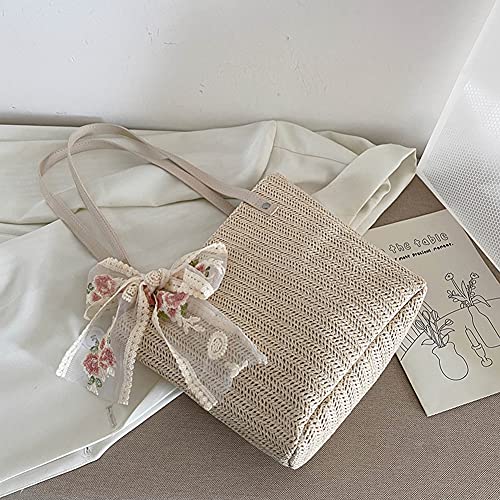 Women Straw Summer Beach Bag, Retro Women Woven Lace Ribbon Shoulder Bag Casual Tote Handbags (Beige)