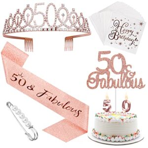 gaciban 50th birthday decorations women，50th birthday crown and sash, cake topper, birthday candles, napkins sett, 50th birthday gifts for women (rose gold)