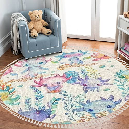 Round Rugs Watercolor Cute Axolotl Characters Boho Area Rug Linen and Cotton Carpet Meditation Rug Washable Hallway Runner Mat Accent Rug for Bedroom Nursery Kids Room 3ft