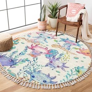 Round Rugs Watercolor Cute Axolotl Characters Boho Area Rug Linen and Cotton Carpet Meditation Rug Washable Hallway Runner Mat Accent Rug for Bedroom Nursery Kids Room 3ft