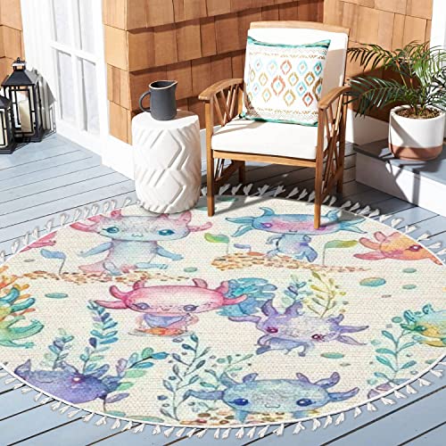 Round Rugs Watercolor Cute Axolotl Characters Boho Area Rug Linen and Cotton Carpet Meditation Rug Washable Hallway Runner Mat Accent Rug for Bedroom Nursery Kids Room 3ft