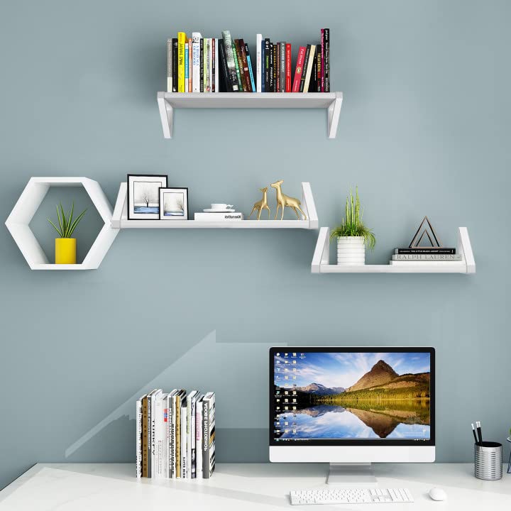 Lixintray Floating Shelves Wall-Mounted 3-Piece Set for Living Room/Bedroom/Bathroom/Kitchen/Room Storage and Decorative Steel Wall-Mounted Shelf (White)