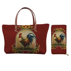 coloranimal vintage retro sunflower and rooster country handbag top-handle purses for women hobo crossbody shoulder bag cute design tote clutch wallets sets,2pcs