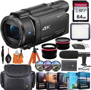 sony fdr-ax53 4k ultra hd video recording handycam camcorder + vlogging pro bundle incl. video light, 64gb memory, microphone, wide-angle & telephoto lens, editing s/w & more