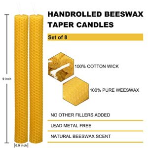 8PCS 9" Hand-Rolled Beeswax Taper Candles, Real Pure Beeswax, Handmade Honeycomb Candles, Flat Top, Brown Raw