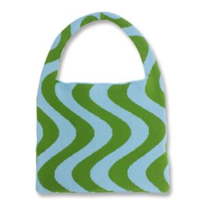 woven tote bag, knitted messenger bag wavy striped shoulder bag underarm colorblocking women’s bag (blue-green)