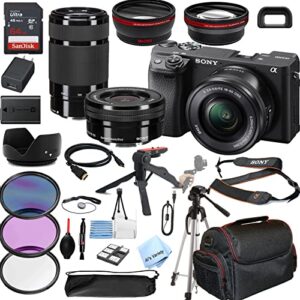 sony alpha a6400 mirrorless digital camera (black) with 16-50mm & 55-210mm zoom lenses + 64gb memory, wide angle + telephoto lens, filters, case, tripod + more (30pc bundle kit)