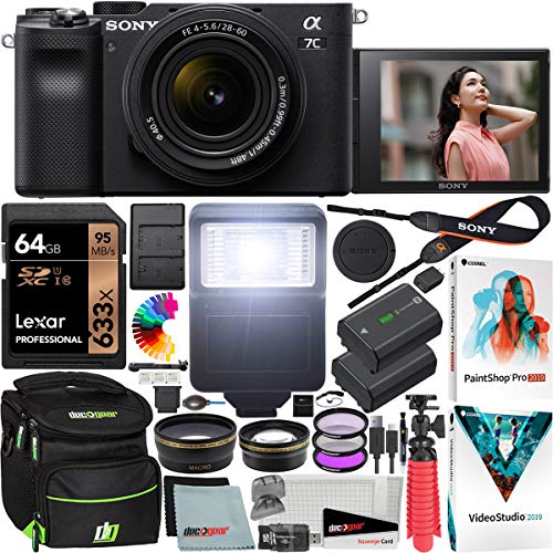 Sony a7C Mirrorless Full Frame Camera Alpha 7C Body with 28-60mm F4-5.6 Lens Kit Black ILCE7CL/B Bundle with Deco Gear Case + Extra Battery + Flash + Filters + Macro & Telephoto Lenses + Accessories