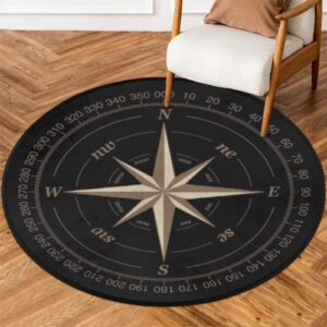 compass rose round area rug, artwork black non-slip circle rug for bedroom living room outdoor study playing floor mat carpet, 5.2′ diameter