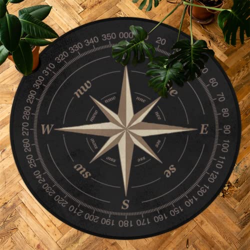 Compass Rose Round Area Rug, Artwork Black Non-Slip Circle Rug for Bedroom Living Room Outdoor Study Playing Floor Mat Carpet, 5.2' Diameter