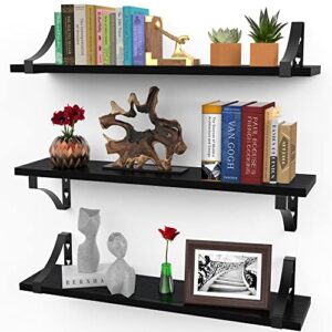 icona bay 24 inch wall shelves, set of 3 black modern rustic display shelves, wall mount picture ledges w/brackets