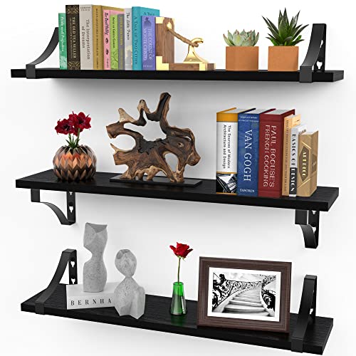 Icona Bay 24 Inch Wall Shelves, Set of 3 Black Modern Rustic Display Shelves, Wall Mount Picture Ledges w/Brackets