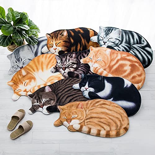 Anntool Cute Sleeping Cat Shaped Area Rug, Microfiber Absorbent Floor Mat for Bedroom Kitchen Living Room, 3D Kitten Carpet Hallway Porch Entrance Doormat Children's 16 x 30 Inch Tabby B