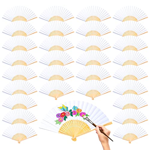 Merkaunis 100 Pcs Paper Hand Held Fans with Organza Bags Bamboo Folding Fan White Paper Handheld Fan for Wedding Party and Home Decoration Gift DIY Painting