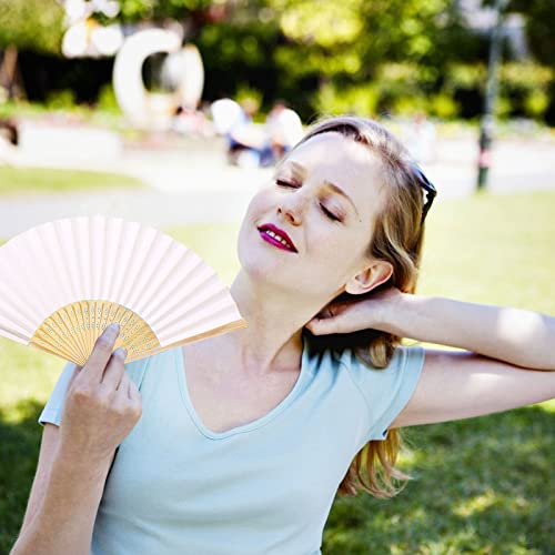 Merkaunis 100 Pcs Paper Hand Held Fans with Organza Bags Bamboo Folding Fan White Paper Handheld Fan for Wedding Party and Home Decoration Gift DIY Painting