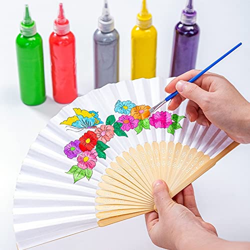 Merkaunis 100 Pcs Paper Hand Held Fans with Organza Bags Bamboo Folding Fan White Paper Handheld Fan for Wedding Party and Home Decoration Gift DIY Painting