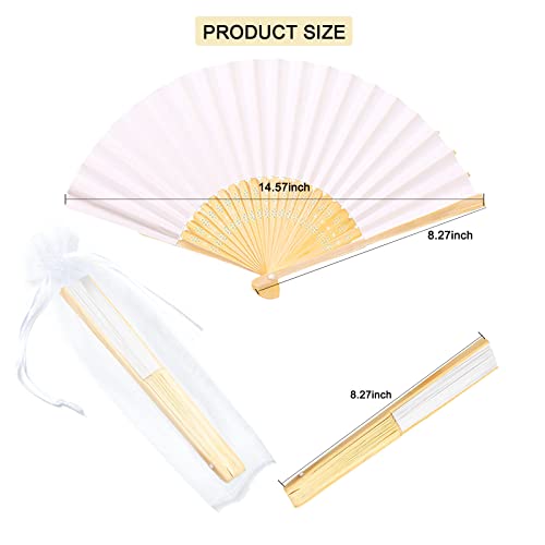 Merkaunis 100 Pcs Paper Hand Held Fans with Organza Bags Bamboo Folding Fan White Paper Handheld Fan for Wedding Party and Home Decoration Gift DIY Painting