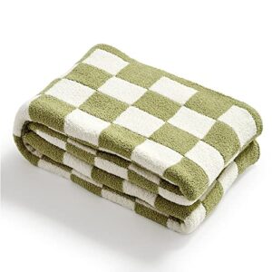 yiruio throw blankets checkerboard grid chessboard gingham warmer comfort plush reversible microfiber cozy decor for home bed couch(sage green, 51”x63”)