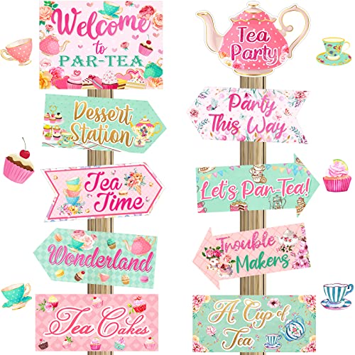 20 Pieces Floral Tea Party Sign Tea Party Decorations Directional Sign Cardboard Yard Signs for Outdoor Lawn Arrow Sign for Tea Party Bridal Shower