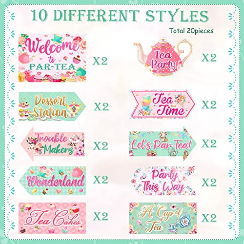 20 Pieces Floral Tea Party Sign Tea Party Decorations Directional Sign Cardboard Yard Signs for Outdoor Lawn Arrow Sign for Tea Party Bridal Shower