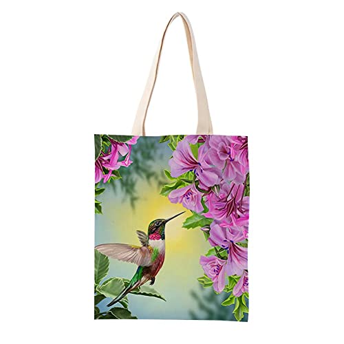 Canvas Shoulder Bag,Hummingbird Floral Bird Flower Tote Bag for Books,Birthday Inspirational Gifts for Kids Girls Women