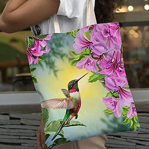 Canvas Shoulder Bag,Hummingbird Floral Bird Flower Tote Bag for Books,Birthday Inspirational Gifts for Kids Girls Women