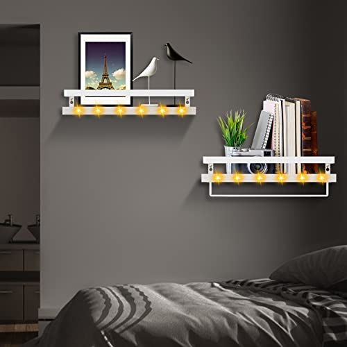 Aofeng LED Floating Shelves Wall Mounted Set of 2,Rustic Wood Wall Storage Shelves with Towel Rack for Bathroom, Kitchen, Bedroom, Living Room, Office, White