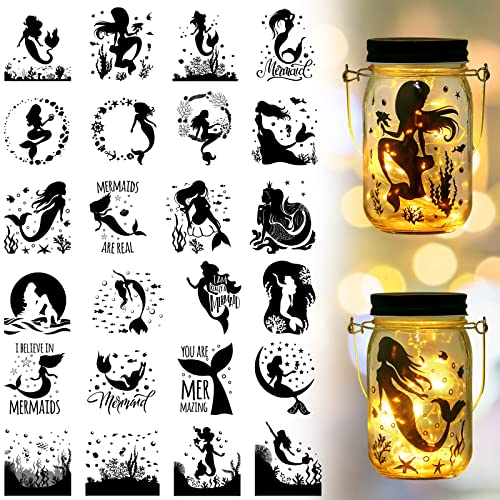 24 Pieces Fairy Silhouettes Mason Jar Cutouts Fairy Laser Cutouts Decals Plastic Mermaid 3.94 x 3.54 Inches Lantern Jar Dinosaur Cut Out Scrapbook Supplies for Wall Windows DIY Crafts (Mermaid)