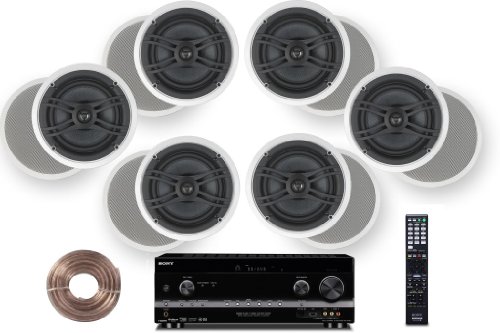 Sony HD Digital Cinematic Sound 735 Watts 7.1 Channel 3D A/V Receiver with iPhone & iPod Playback + Yamaha Natural Sound Custom Install In-Ceiling 2-Way 120 watts Speaker (Set of 6) with 1" Tweeters & 8" Woofer + 100ft 16 AWG Speaker Wire