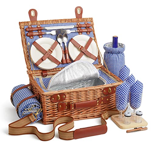 DHAEE Wicker Picnic Basket Set for 4 Person with Cooler Compartment and Waterproof Picnic Blanket,Removable Strap,Wine Bag,Cutlery Set,for Camping,Day Travel,Beach,Hiking,BBQ and Family/Couples Gifts