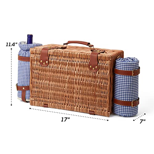 DHAEE Wicker Picnic Basket Set for 4 Person with Cooler Compartment and Waterproof Picnic Blanket,Removable Strap,Wine Bag,Cutlery Set,for Camping,Day Travel,Beach,Hiking,BBQ and Family/Couples Gifts