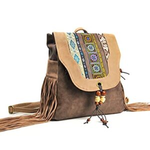 HUANGGUOSHU Women Leather Backpack Purse Boho Hippie Embroidery Bag Western Vintage Travel Fringe Stitch Backpack (Brown01)