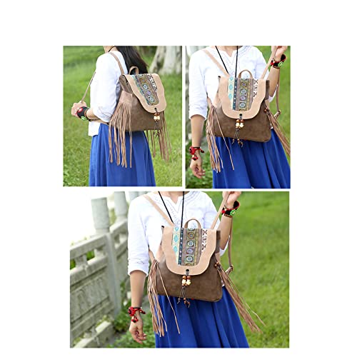 HUANGGUOSHU Women Leather Backpack Purse Boho Hippie Embroidery Bag Western Vintage Travel Fringe Stitch Backpack (Brown01)