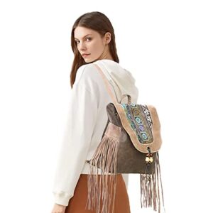 HUANGGUOSHU Women Leather Backpack Purse Boho Hippie Embroidery Bag Western Vintage Travel Fringe Stitch Backpack (Brown01)