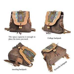 HUANGGUOSHU Women Leather Backpack Purse Boho Hippie Embroidery Bag Western Vintage Travel Fringe Stitch Backpack (Brown01)