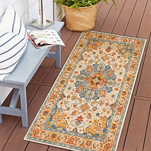 Boho Area Rug, 2' x 4' Machine Washable Rugs for Entryway Faux Wool Small Rugs Distressed Throw Rug Non-Slip Floor Carpet for Indoor Bedroom Kitchen Living Room