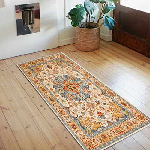 Boho Area Rug, 2' x 4' Machine Washable Rugs for Entryway Faux Wool Small Rugs Distressed Throw Rug Non-Slip Floor Carpet for Indoor Bedroom Kitchen Living Room