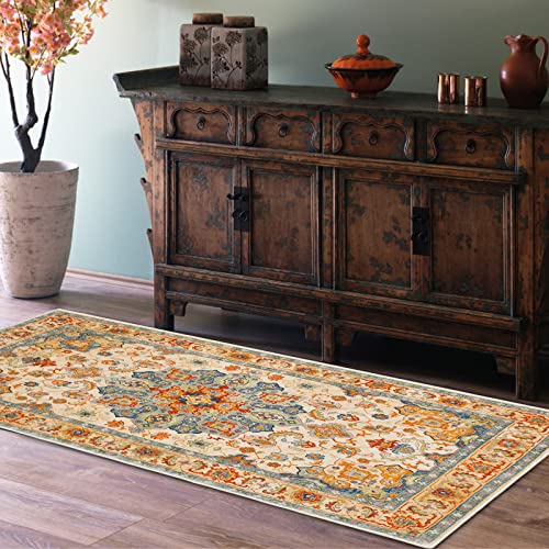 Boho Area Rug, 2' x 4' Machine Washable Rugs for Entryway Faux Wool Small Rugs Distressed Throw Rug Non-Slip Floor Carpet for Indoor Bedroom Kitchen Living Room