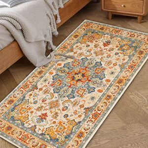 Boho Area Rug, 2' x 4' Machine Washable Rugs for Entryway Faux Wool Small Rugs Distressed Throw Rug Non-Slip Floor Carpet for Indoor Bedroom Kitchen Living Room