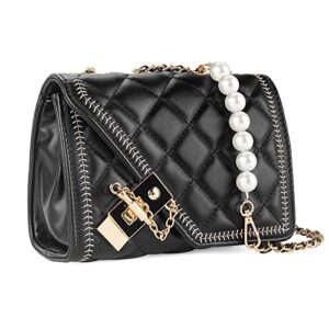 quilted cellphone crossbody purses for women, chain small black shoulder pearl bag, retro evening clutch handbag for prom, party, wedding, cocktail