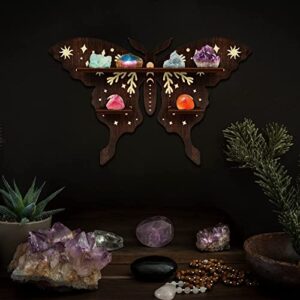 Yulejo Crystal Shelf Display Rustic Wooden Cat Moon Shelves Moth Hamsa Hand Wolf Crystal Holder Shelves Wooden Floating Shelf for Rock Gemstones Meditation Spiritual Gift for Home Bedroom (Moth)